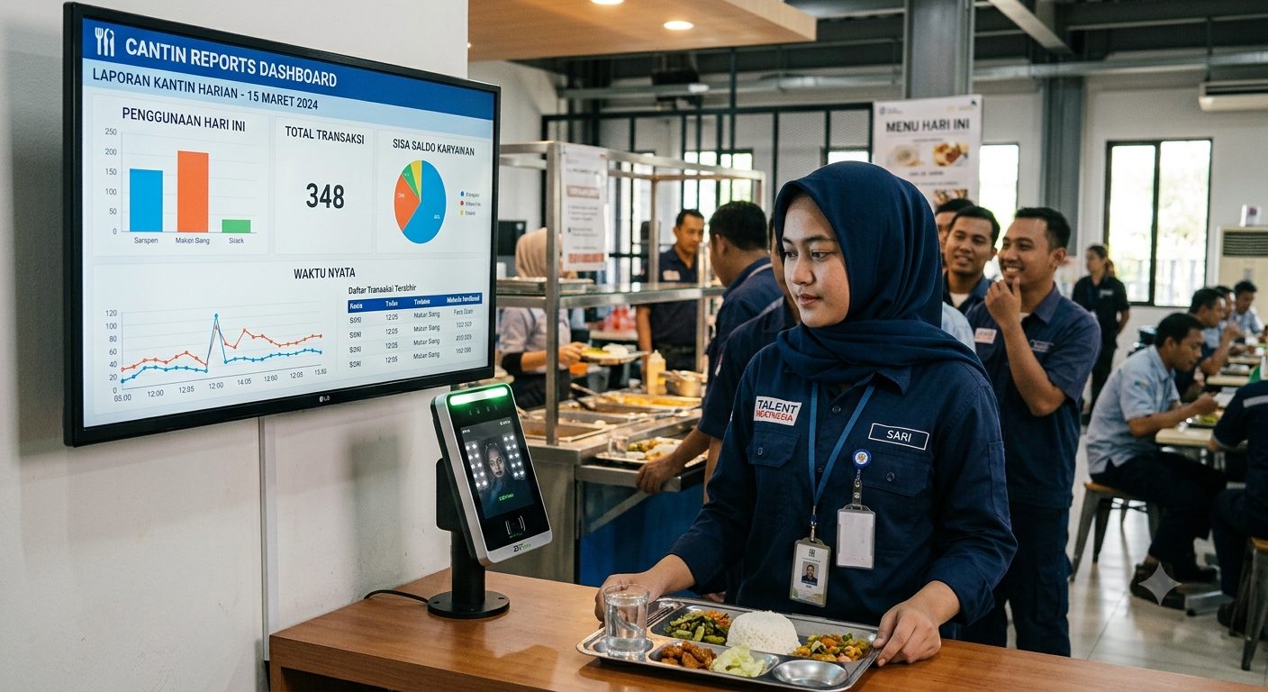 Karyawan melakukan verifikasi di mesin kantin pabrik dengan dashboard laporan real-time di layar