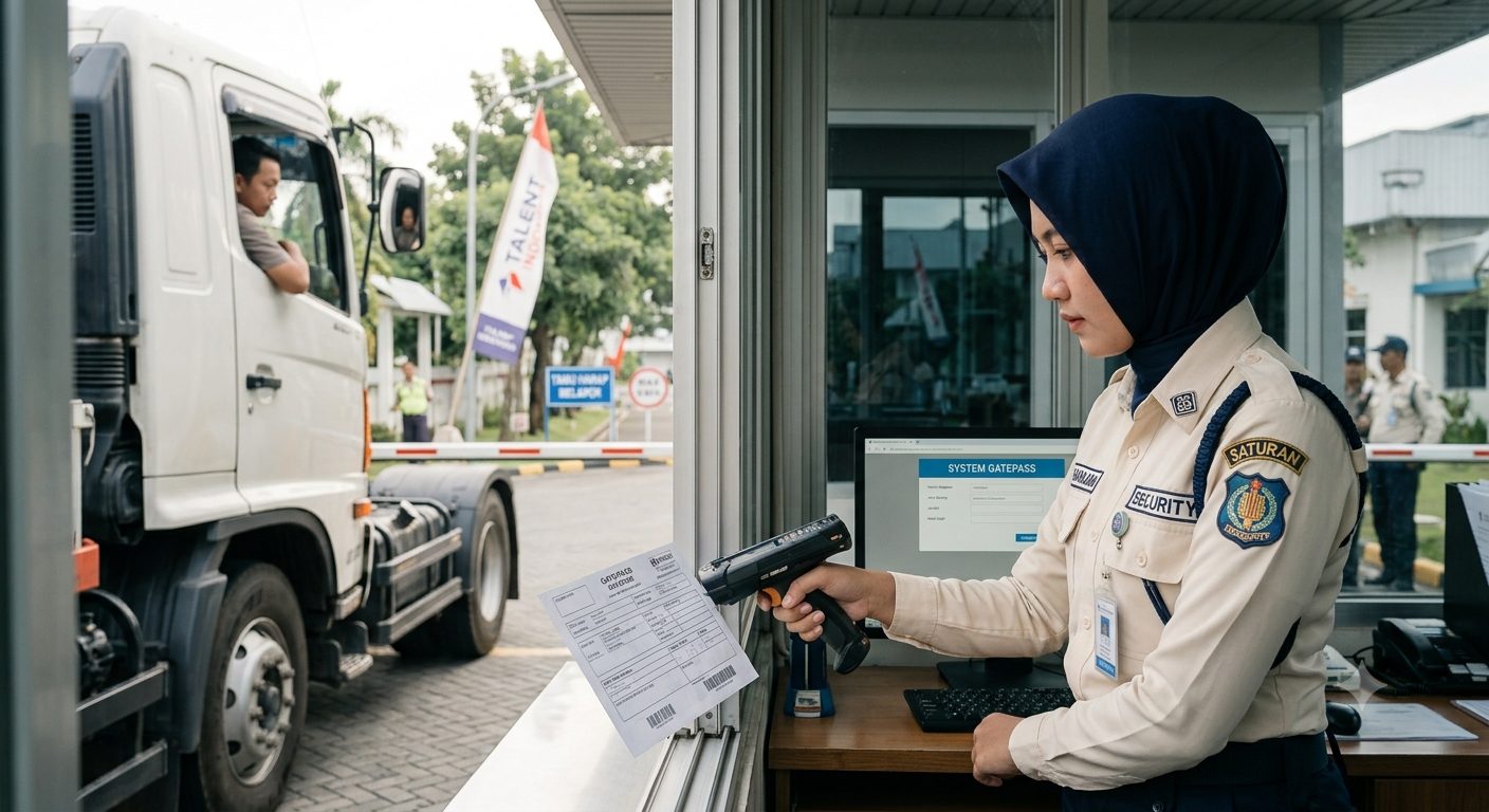 Petugas security memindai dokumen gatepass truk di pos pabrik