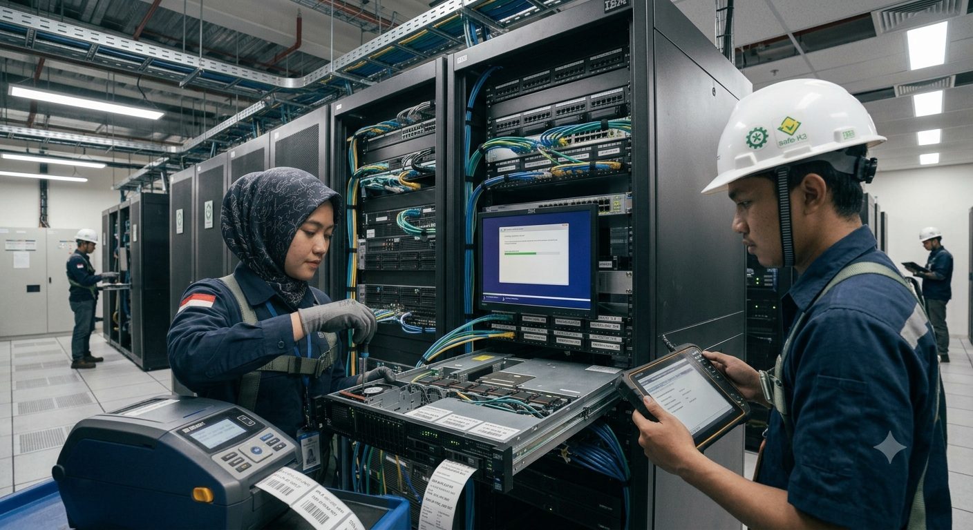 Teknisi TIG melakukan instalasi dan setup Windows Server di ruang data center