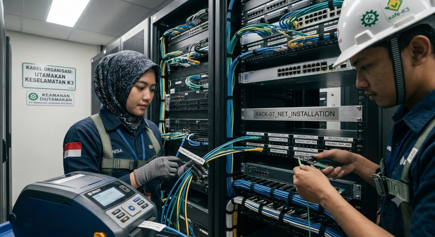 Tim TIG merapikan dan melabeli kabel jaringan di rack server