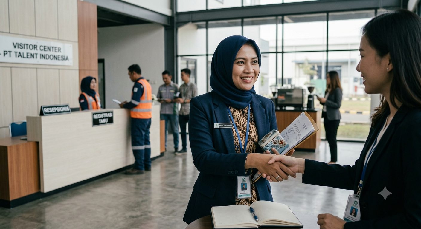 Serah terima pekerjaan dengan klien di lobby visitor center pabrik