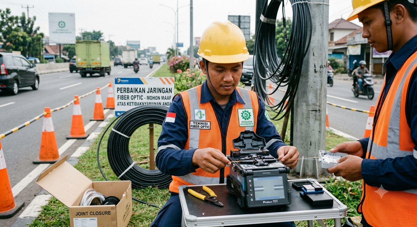 Teknisi TIG melakukan splicing kabel fiber optic dengan fusion splicer