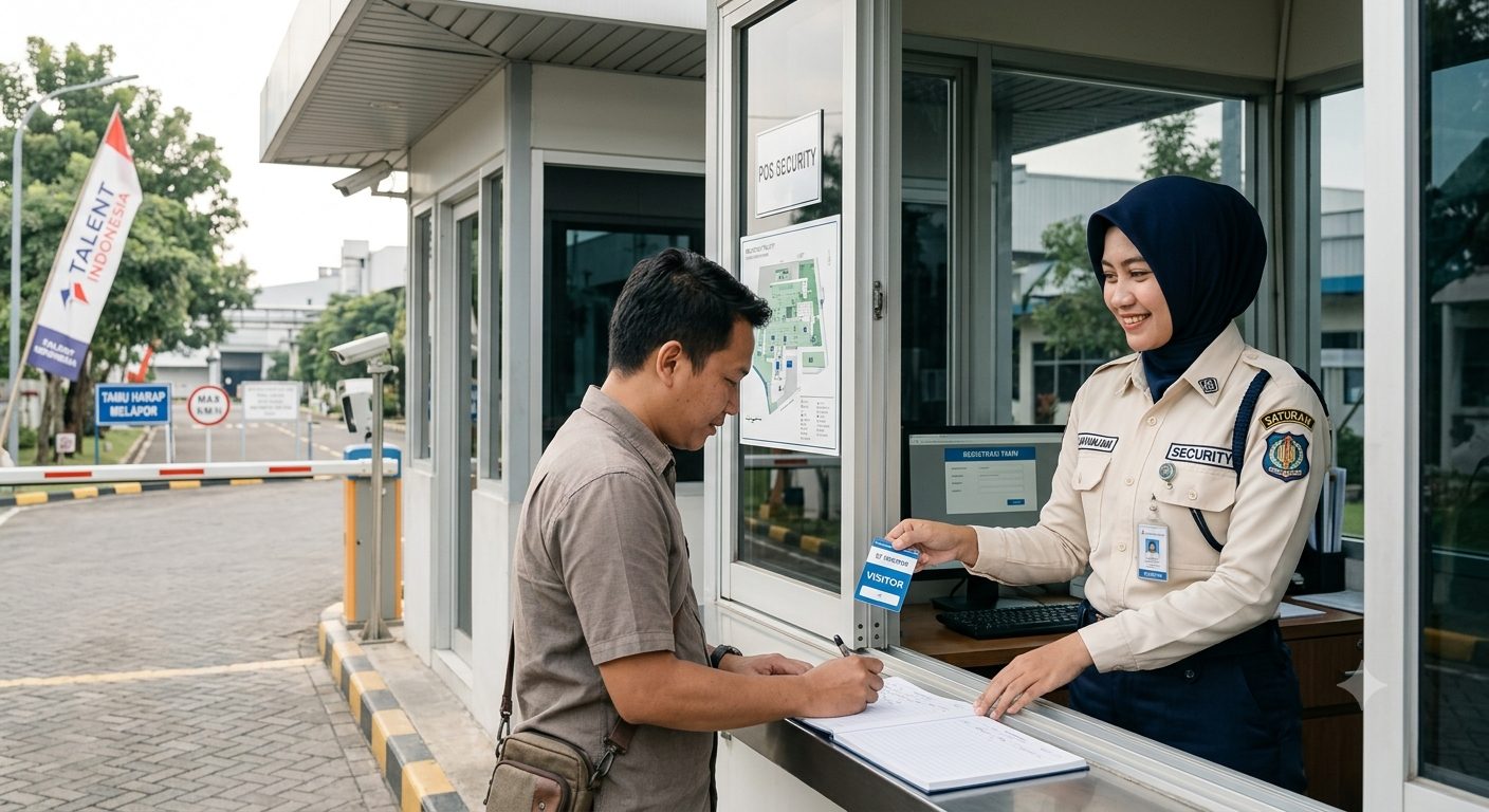 Petugas pos security mendaftarkan tamu dan menyerahkan badge visitor